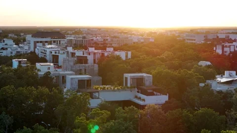 Aerial View of Sunset Above Tulum, Mexico, Luxury Villas and Apartment Stock Footage 307993077
