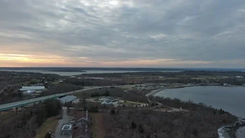 Aerial view of sunset, beach, jungle and highway in Rhode Island, USA Stock Footage 232393950