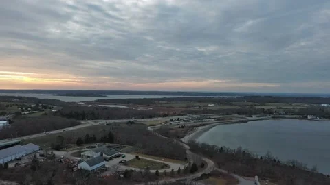 Aerial view of sunset, beach, jungle and highway in Rhode Island, USA Stock Footage 232393961