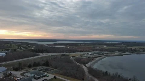 Aerial view of sunset, beach, jungle and highway in Rhode Island, USA Stock Footage 232393968