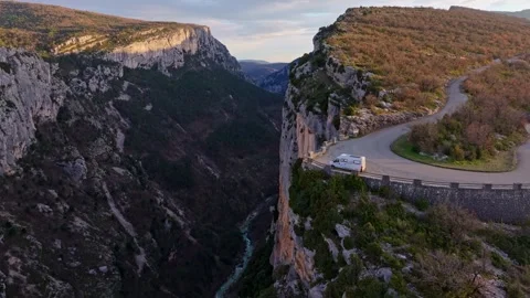Aerial view of sunset camper stop at dramatic Gorges du Verdon viewpoint Stock Footage 310687111