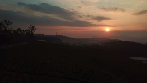 Aerial view of sunset in Cau Dat Tea Hill in Dalat, Lam Dong, Vietnam Stock Footage 130997440