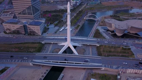 Aerial view Sunset of Central park in Songdo, Incheon South Korea. Video stock 89288113