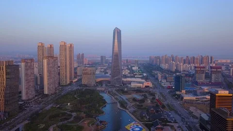 Aerial view Sunset of Central park in Songdo, Incheon South Korea. Stock Footage 89288524