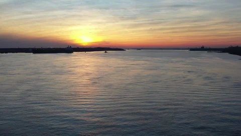 Aerial View of Sunset on the Delaware River Philadelphia, Pennsylvania Stock Footage 121822882