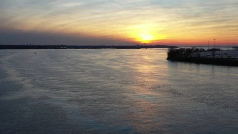 Aerial View of Sunset on the Delaware River Philadelphia, Pennsylvania Stock Footage 121822891