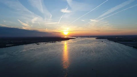 Aerial View of Sunset on the Delaware River Philadelphia, Pennsylvania Stock Footage 121822899
