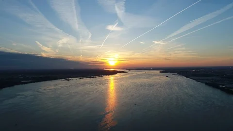 Aerial View of Sunset on the Delaware River Philadelphia, Pennsylvania Stock Footage 121822905