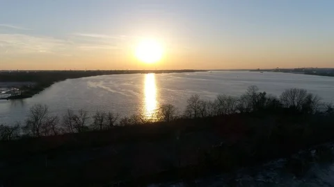 Aerial View of Sunset on the Delaware River Philadelphia, Pennsylvania Stock Footage 121822933