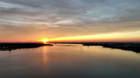 Aerial View of Sunset on Delaware River in Philadelphia Pennsylvania Stock Footage 166716841