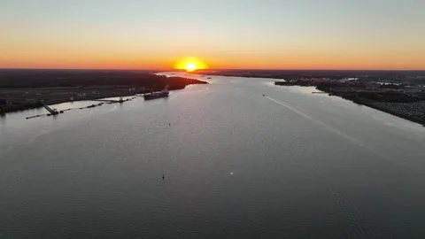Aerial View of Sunset on the Delaware River Philadelphia Stock Footage 252053975