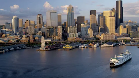 Aerial view at sunset downtown Inter Island Car ferry, USA Video stock 39932250