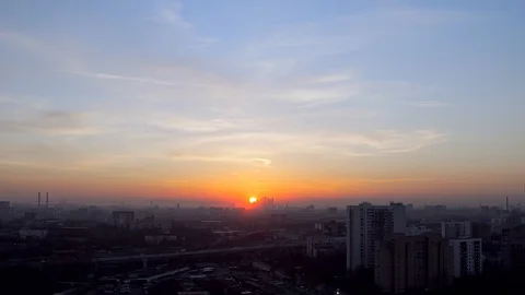 Aerial view of the sunset, with a drone flying from the industrial zone of th Stock Footage 127131604