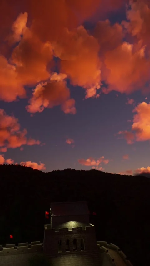 Aerial view at sunset of the Great Wall of China; Mutianyu; Beijing. China Stock Footage 284490934