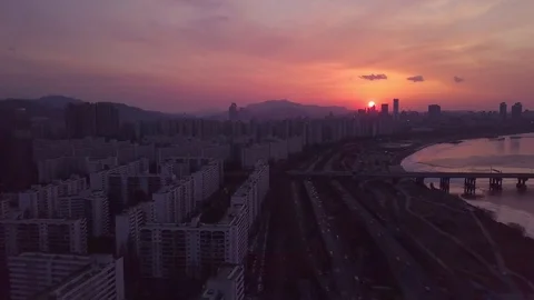 Aerial view sunset at han river in seoul,south korea Stock Footage 85268019