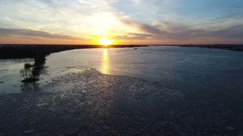 Aerial View Sunset Icy Delaware River Philadelphia Stock Footage 85029596