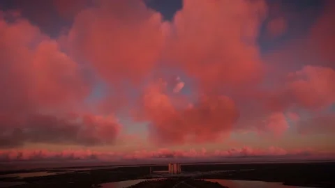 Aerial view at sunset of the Kennedy Space Center in Florida. United States Stock Footage 217437129