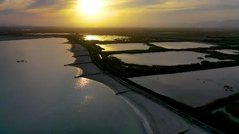 Aerial view of sunset in Las Salinas de Santapola, Spain. Stock Footage 166460802