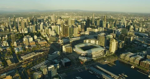 Aerial view at sunset Marvel Stadium Melbourne CBD Stock Footage 91530857