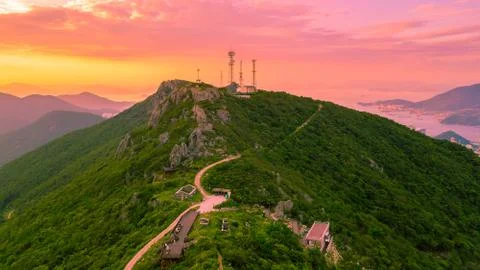 Aerial view of sunset on mountain in Busan city, South Korea. Stock Photos