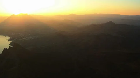 Aerial View: Sunset in the mountains. Kara Dag Mountain. Crimea, Ukraine Stock Footage 35566089
