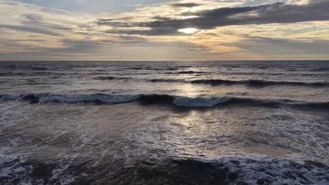 Aerial View of Sunset Ocean Waves along Miaoli Coastline Taiwan Stock Footage 343940682
