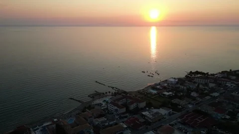 Aerial view of sunset over Argassi coastal town, Greece. Stock Footage 342176929
