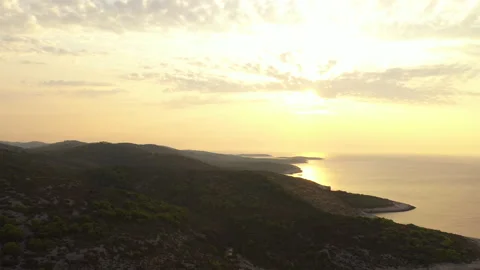 Aerial view of sunset over bay at Hvar island, Croatia Stock Footage 131040063