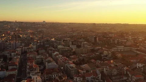 Aerial view of sunset over the City of Porto, Portugal Stock Footage