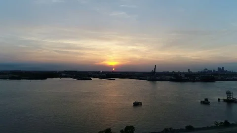 Aerial View of Sunset over Delaware River Philadelphia PA Stock Footage 79021553