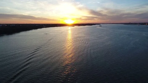 Aerial View of Sunset over Delaware River Philadelphia PA Stock Footage 85029624