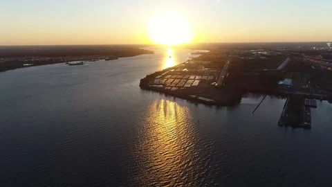 Aerial View of Sunset over Delaware River Philadelphia PA Stock Footage 85029710