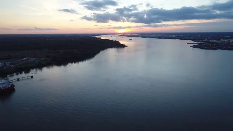 Aerial View of Sunset over Delaware River Philadelphia PA Stock Footage 85029727