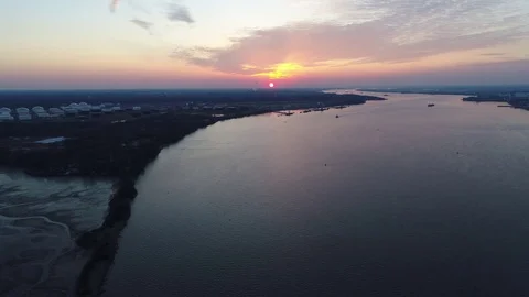 Aerial View of Sunset over Delaware River Philadelphia PA Stock Footage 85029981