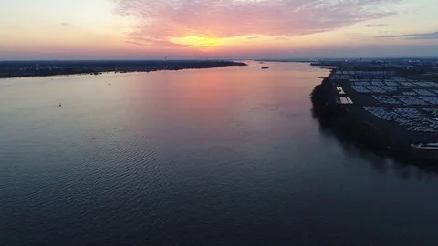 Aerial View of Sunset over Delaware River Philadelphia PA Stock Footage 85030029