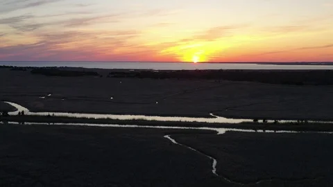 Aerial View of Sunset over Delaware Bay in New Jersey Stock Footage 112682760
