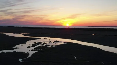 Aerial View of Sunset over Delaware Bay in New Jersey Stock Footage 112682765