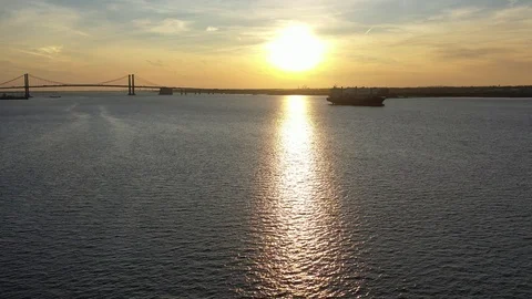 Aerial View of Sunset over Delaware River Wilmington Stock Footage 121348993