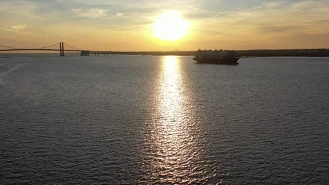 Aerial View of Sunset over Delaware River Wilmington Stock Footage 121348994
