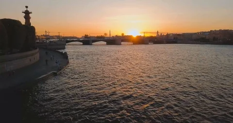 Aerial view of sunset over Neva river in Saint Petersburg, Russia. Vasilievskiy Stock Footage 90008484