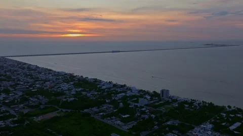 Aerial view of sunset over ocean and coastline, Mexico. Stock Footage 284847815