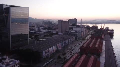 Aerial view of sunset in Rio de Janeiro Port Area and Maua Square Stock Footage 155555434
