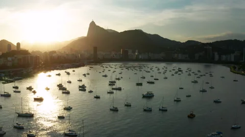 Aerial view of Sunset in Rio de Janeiro, Brazil. Botafogo Beach and yachts. Stock Footage 163550650
