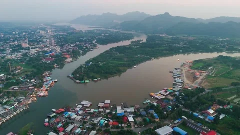 Aerial view at sunset of River Kwai in kanchanaburi Thailand Stock Footage 292118514