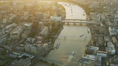 Aerial view at sunset River Thames transport London Video stock 83913641