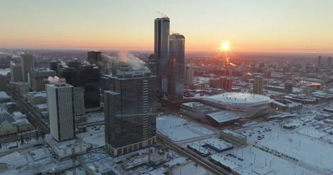 Aerial view of the sunset sky over Edmonton, Alberta, Canada in winter Stock Footage 231168560