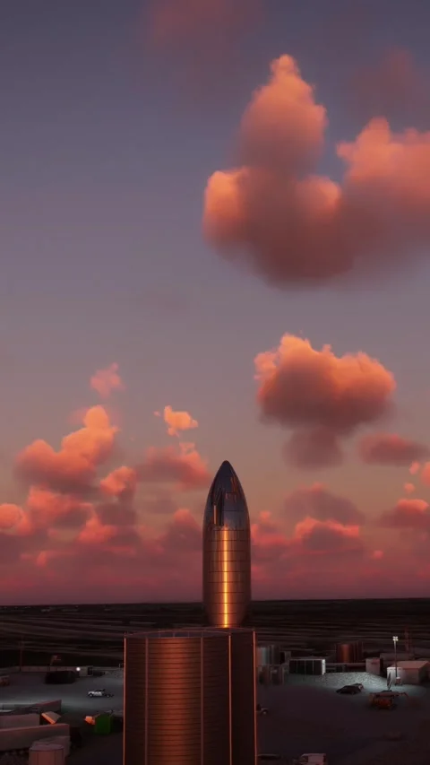 Aerial view at sunset of the Space Rocket Launch Site in Boca Chica. Texas Video stock 284489424