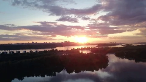 Aerial view of sunset at summer evening on russian river Stock Footage 79632828