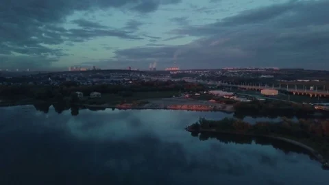 Aerial view of sunset at summer evening on russian river Stock Footage 79632835