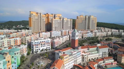 Aerial view of Sunset Towns colorful buildings on Phu Quoc island, Vietnam Stock Footage 315274053